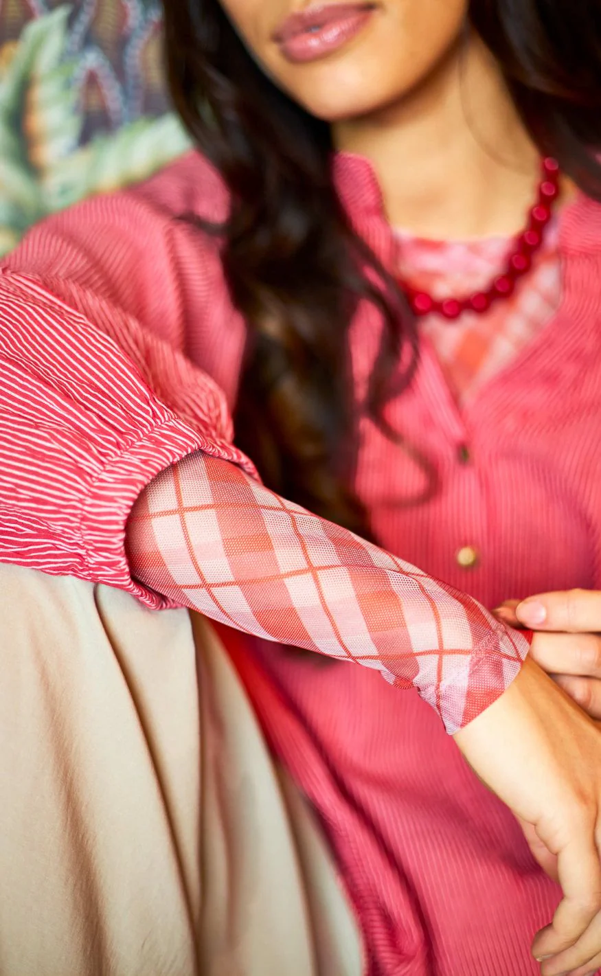 Black Colour Bluse - Anne Mesh - Red Check - Image 2