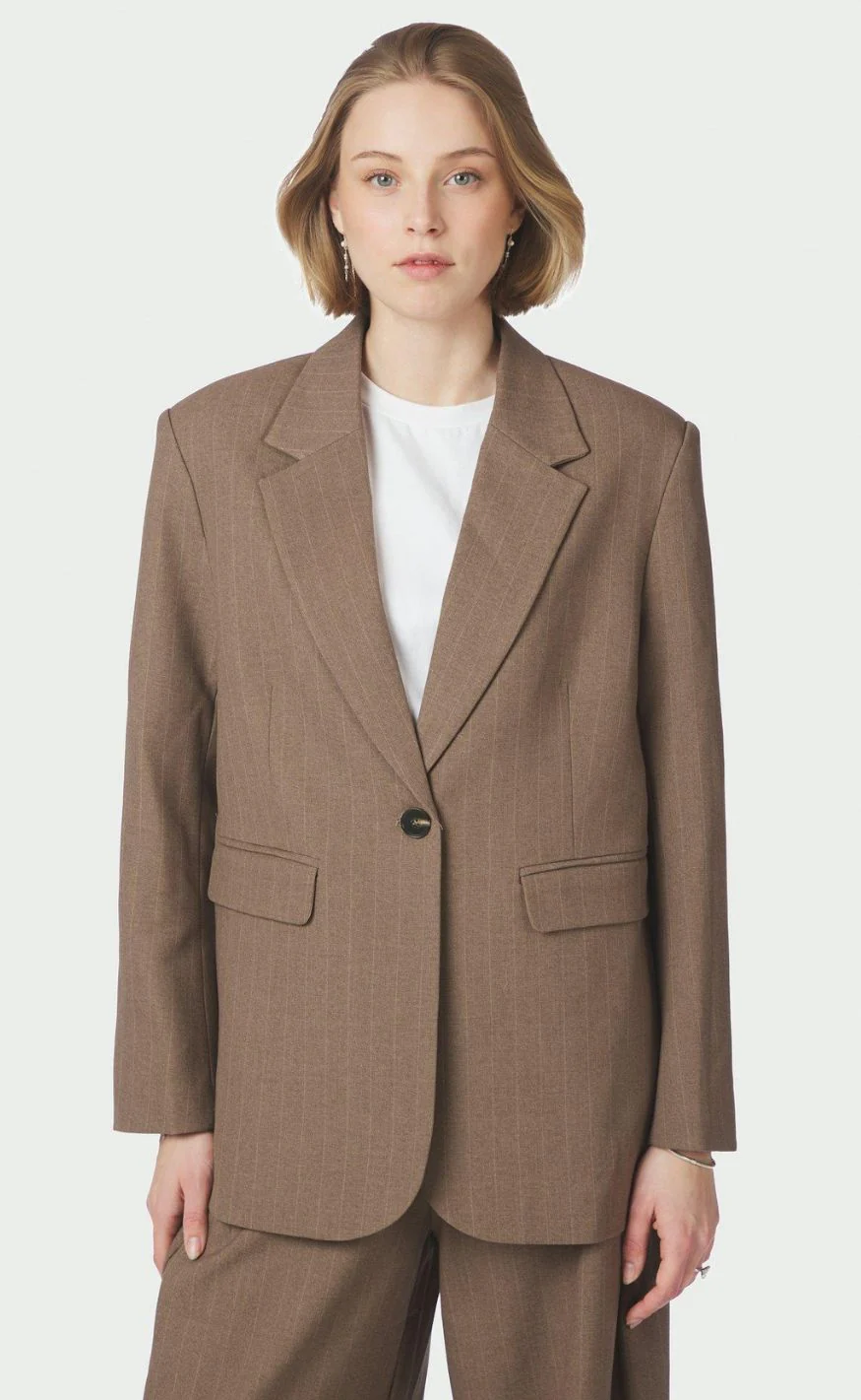 Neo Noir Blazer - Gaby Pinstripe - Taupe - Image 2