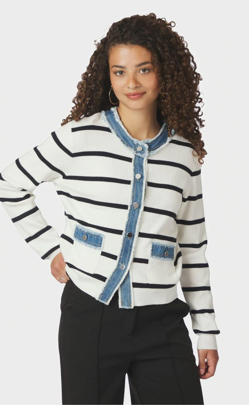 Neo Noir Cardigan - Zelma Stripe Denim - Off White - Image 2