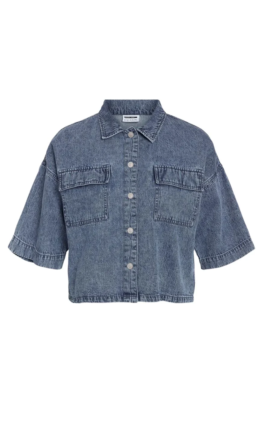 Noisy May Bluse - Menza Crop - Medium Blue Denim - Image 3