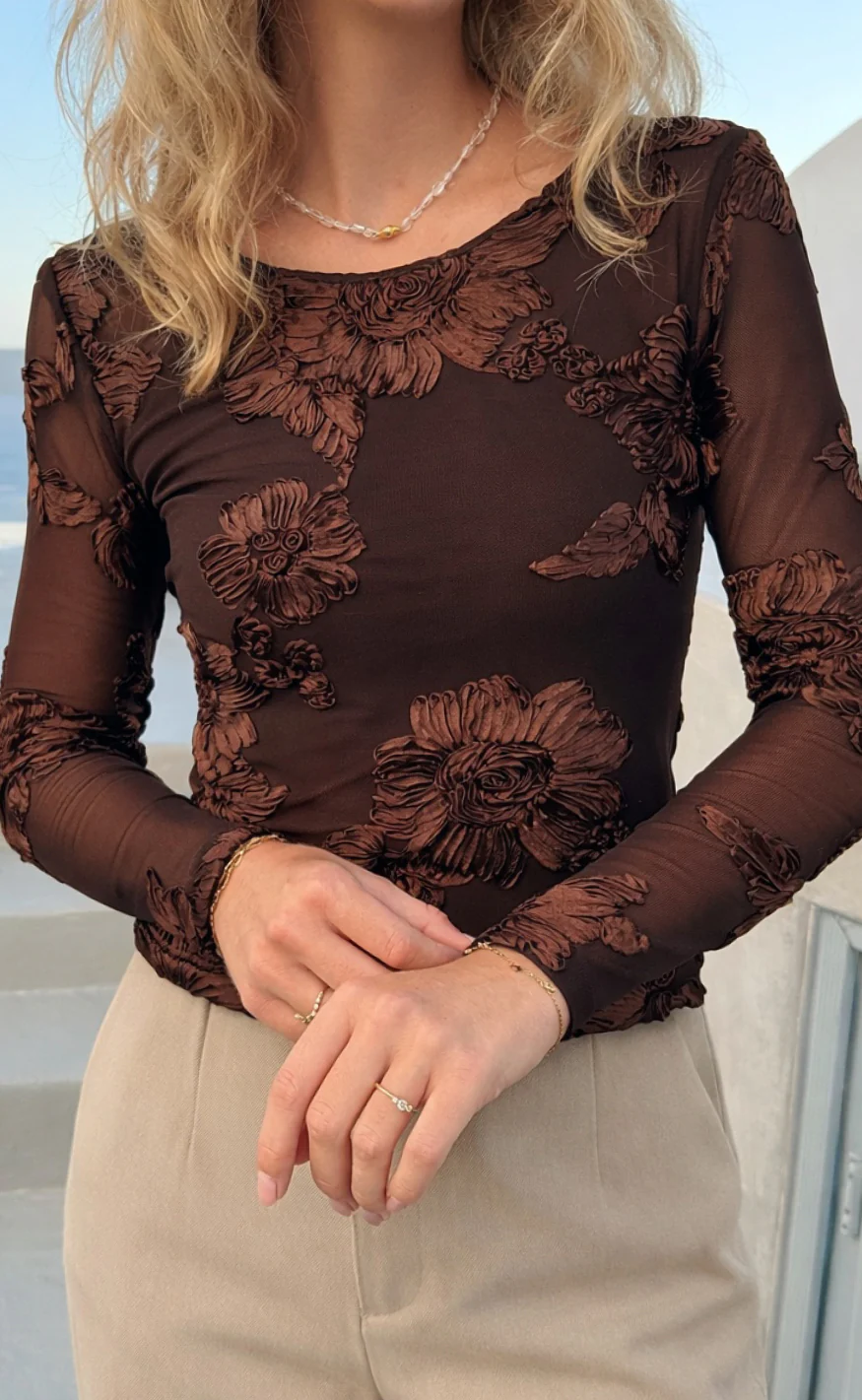 Say INA Copenhagen Bluse - Maria Mesh - Dark Brown 3D Flowers - Image 2